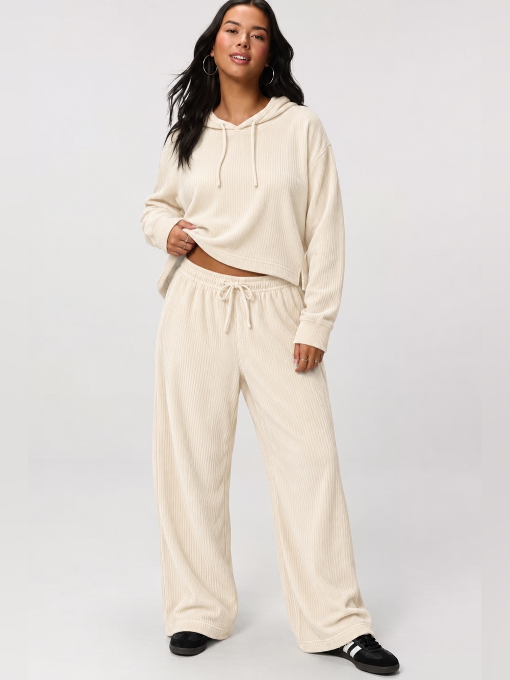 Avia 2pc Set Cream Ribbed Luxe Velour Lounge Cropped Hoodie Wide Leg Pant 3XL 22